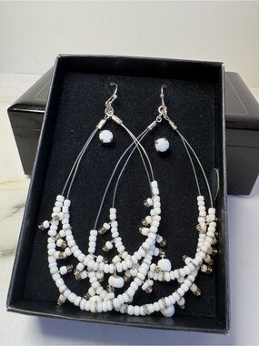 Vintage Avon White Beaded Double Layer Dangle Earrings Silver Tone Claw Studs